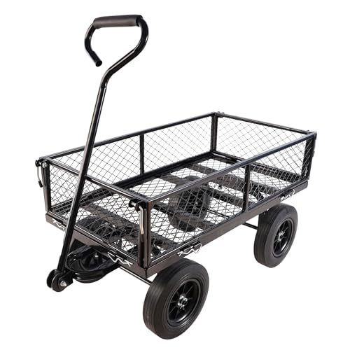 Solid Wheels Wagon cart Large-Capacity mesh Steel Garden Trolley with Detachable Side Without Inflatable Tires can be Used in fams,Warehouses and so on.The Load can Reach 1100 pounds. - color: Black Solid Wheels