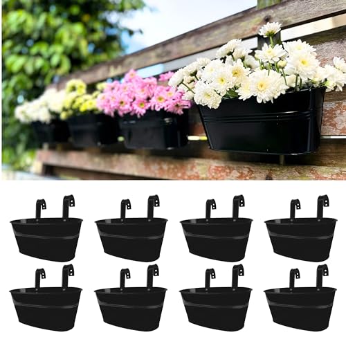 LaLaGreen Rail Planter Outdoor Plants(11.8 Inch, 8 Pack) Black Metal Iron Hanging Flower Pots Deck Railings Fence Buckets Modern Countryside Boho Style Wall Mount Window Box Plant Holder Porch Decor - size: 11.8" (30 cm) x 8 Pack
