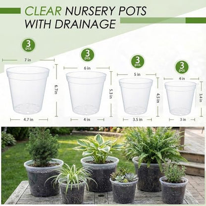 4/5/6/7 Inch Clear Nursery Pots with Drainage Holes 12 Pack - size: 7/6/5/4inch