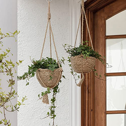 LA JOLIE MUSE Seagrass Hanging Planters, Set of 2, 9" D x 5.5" H, Brown - size: Small