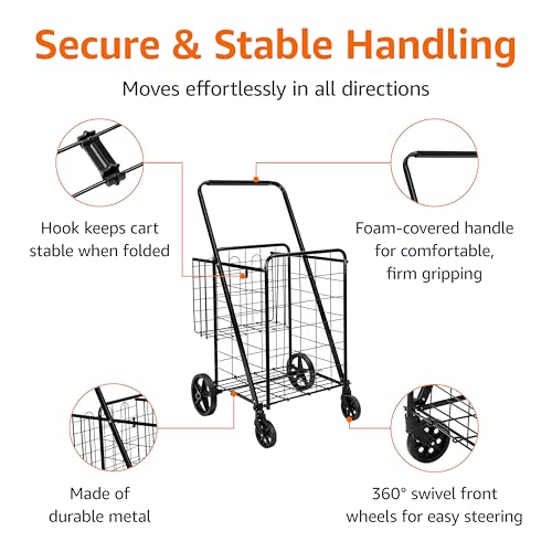 Amazon Basics Foldable Collapsible Shopping Utility Cart with 360-Degree Wheels, Multi-Functional for Sports, Easy Assembly, X-Large, Black