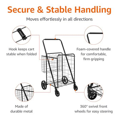 Amazon Basics Foldable Collapsible Shopping Utility Cart with 360-Degree Wheels, Multi-Functional for Sports, Easy Assembly, X-Large, Black