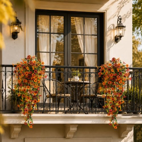 2 Pcs Fall Mums Artificial Flowers Outdoor, 29.5 Inch Fake Hanging Flowers