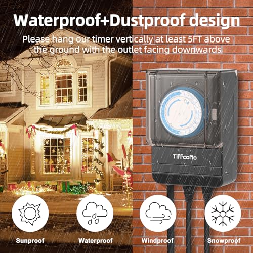 TiFFCOFiO Outdoor Heavy Duty Mechanical Timer Outlet Waterproof, 15 Minutes Intervals, 24 Hour Outdoor Pool Pump Timer with 2FT Cord, 2 Grounded Outlets for Outdoor Lights, 15A/1875W