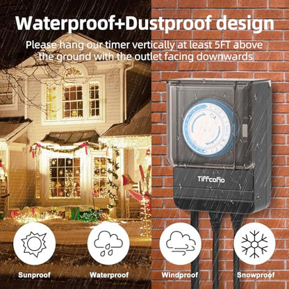 TiFFCOFiO Outdoor Heavy Duty Mechanical Timer Outlet Waterproof, 15 Minutes Intervals, 24 Hour Outdoor Pool Pump Timer with 2FT Cord, 2 Grounded Outlets for Outdoor Lights, 15A/1875W