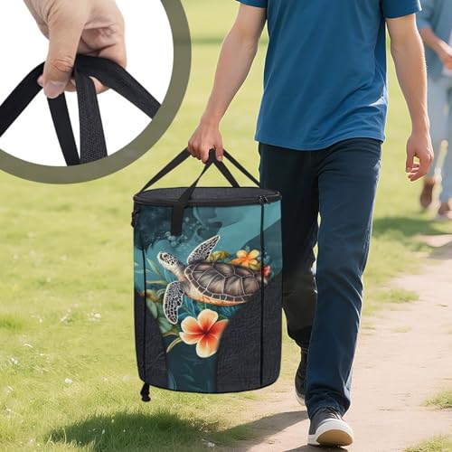 BIGCARJOB Flower Turtle Outdoor Trash Can Storage Collapsible Pop-up Recycle Trash Can 22.83x17.71 Waterproof Garbage Bin Bag with Lid and Clip - color: Flower Turtle Print