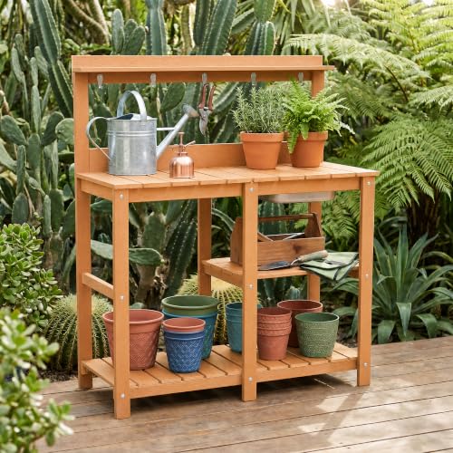 Outdoor Potting Bench Table with Metal Basin - color: Teak Finish