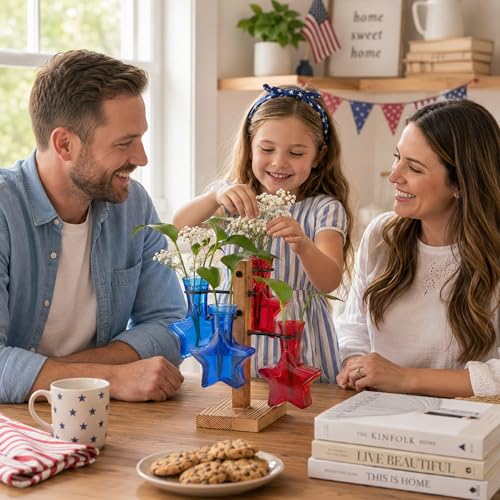 Nacome Plant Terrarium Propagation Station: Red Blue Vase with Wooden Stand - color: Red Blue