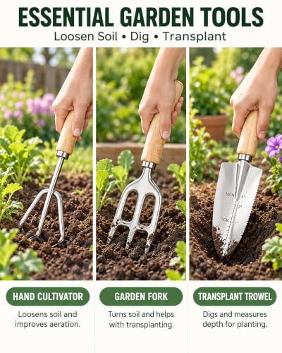 Garden Tools Set, 9-Piece Heavy Duty Gardening Tools with Clear Pocket Tote Bag, Stainless Steel Garden Hand Tools for Digging, Planting, Weeding and Pruning, Durable Gardening Kit - style: Green
