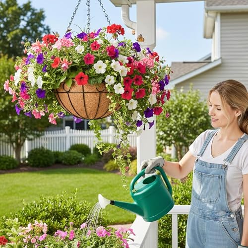 4 Pack 14 Inch Outdoor Plant Hanging Basket Round Metal Hanging Planter with Coco Coir Liner for Indoor Plants Baskets Railing Flower Pots Home Decor