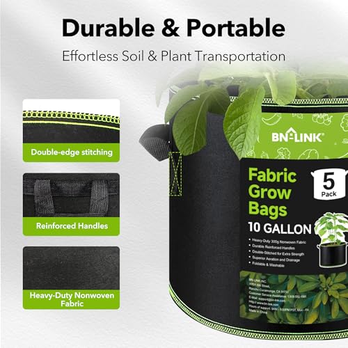 BN-LINK 5-Pack 10 Gallon Grow Bags, Heavy Duty Aeration Fabric Pots with Handles, Thickened Nonwoven Plant Bags for Vegetables, Flowers, Fruits - size: 10 Gallon 5 Pack