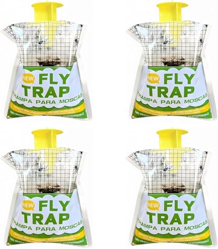 Fly Traps Outdoor 4 Pack, Pre-Baited Hanging Fly Catcher Bags, Fast Acting Non-Toxic Disposable Flies Killer for Outside Trash Areas,Horse Ranch,Barns,Stables,Yard,Patio,Farm & Heavy Fly Control.