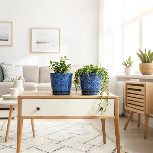 Gepege Ceramic Plant Pots, 6 Inch Indoor Planters with Drainage & Saucers - color: Blue-c, size: 6 Inch - Set of 2