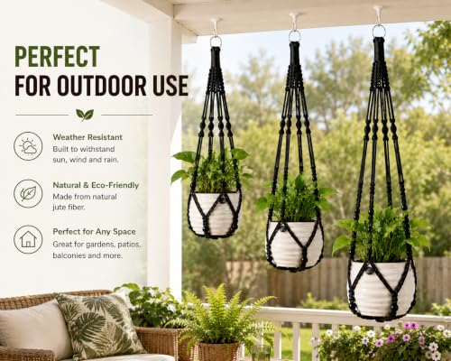 Macrame Plant Hangers with Beads for Indoor and Outdoor, 3 Pack - color: Black
