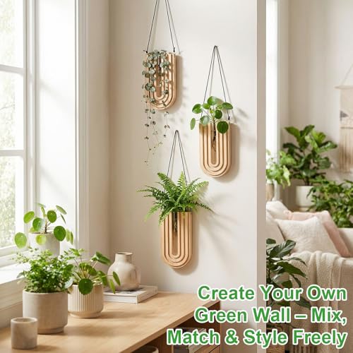 Set of 4 Wooden Wall Planter Vase Hanging Propagation Stations Glass Plant and Flower Vases Wall Plant Holder for Indoor Plants Art Boho Home Room Entryway Hallway Decoration