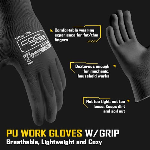 COOLJOB 12/60 Pairs Safety Work Gloves Pack Bulk with Grip PU Coating - color: Black, size: Large (Pack of 12)