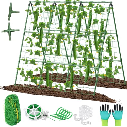 Cucumber Trellis for Raised Beds, 45 x 53 Inch Adjustable Size A-Frame Garden Trellis for Climbing Plant Outdoors with Climbing Net and Plant Support Clip for Vegetable Grape Tomato Bean Pea - size: 1pack 45 x 53 Inch