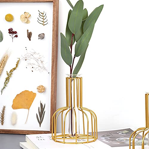 IvyMei Luxurious Nordic Gold Table Flower Vase Metal Frame Glass Tube - color: Gold 7