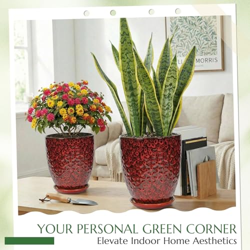11.8 Inch Flower pots for Indoor Plants,Ceramic Planter with Saucer Drainage Leak-Proof Mesh Gardening Gloves (Diamond Red) - color: Diamond Red, size: 11.8 Inch