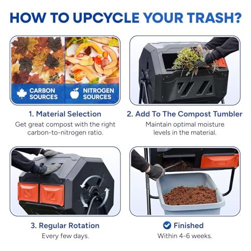 PLASTIC PRINCE Compost Tumbler Rotating Garden Compost Bin Outdoor Dual Chamber 43 Gallon Backyard Composter Tumbling Barrel Mixer Outside, Large, Orange - color: Black/Orange