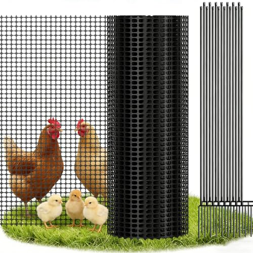 Plastic Chicken Wire Mesh Fence with Metal Stakes, 39.4in x 82ft - color: Black Grid