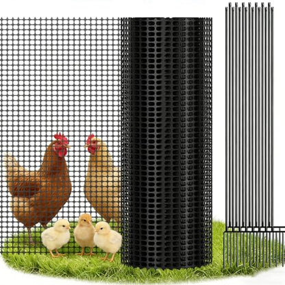 Plastic Chicken Wire Mesh Fence with Metal Stakes, 39.4in x 82ft - color: Black Grid