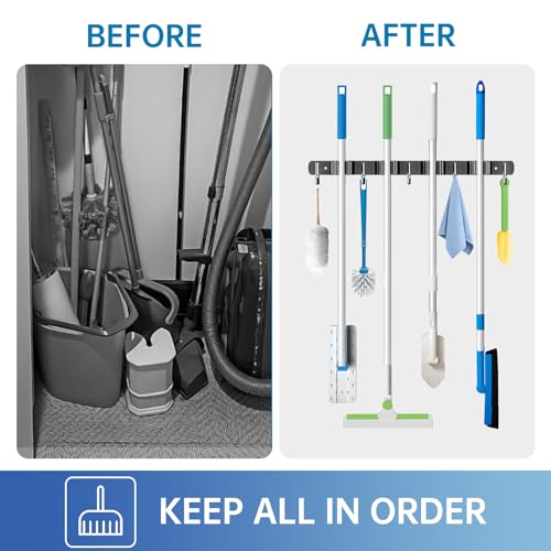 ZONGOOL Wall Mount Broom Holder 4 Racks 5 Hooks Metal Tool Organizer Black - color: Black, size: 1Pack 4R5H