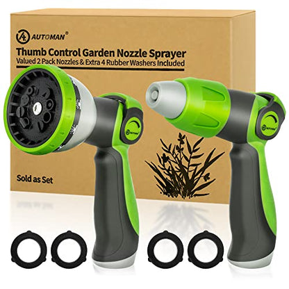 AUTOMAN Garden Hose Nozzle - 2 Pack, Thumb Control Sprayer, Slip-Resistant Water Nozzle, Extra 4 Washers, for Watering Plants Lawn & Garden, Cleaning, Washing Car, Showering Pets - color: Lawngreen X2