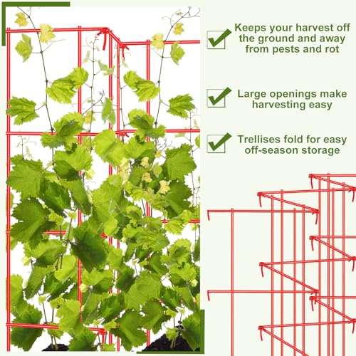 Blulu Sturdy Expandable Tall Pea Trellis Panel Folding Garden Trellis for Climbing Plants 9' x 39" H Multi Use Heavy Duty Outdoor Garden Peas Tomato Cucumber Steel Plant Support Red W/ 8" Grids