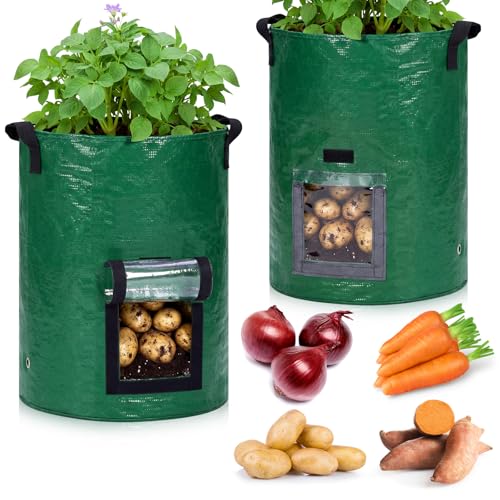 SATINIOR 2 Pack 30 Gallon Potato Grow Bags with Transparent Flap and Handles Green Durable PE Pots Large Plant Grow Bags for Onion Fruits Tomato Carrot