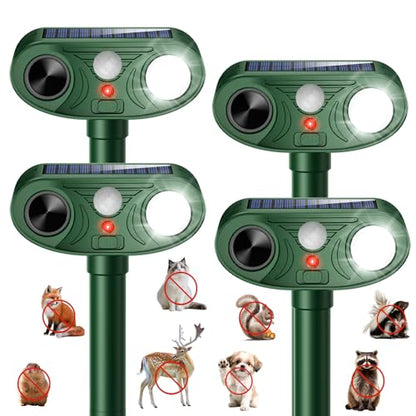2025 Solar Ultrasonic Animal Repellent Rabbit Repeller Raccoon Squirrel Deterrent with Flash Light Motion Sensor to Keep Cat Dog Fox Skunk Out of Garden Yard (4-Pack)
