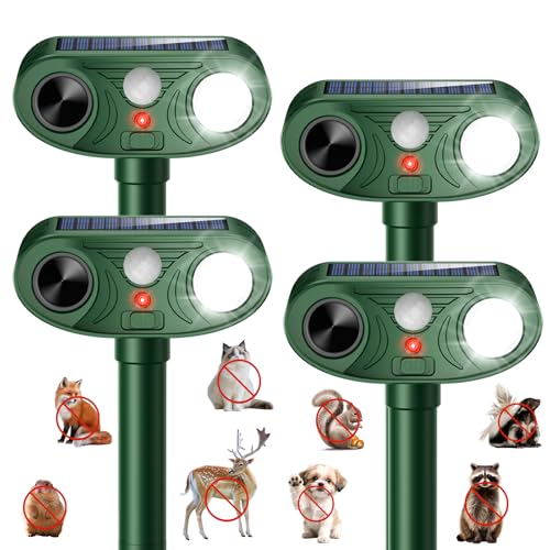 2025 Solar Ultrasonic Animal Repellent Rabbit Repeller Raccoon Squirrel Deterrent with Flash Light Motion Sensor to Keep Cat Dog Fox Skunk Out of Garden Yard (4-Pack)