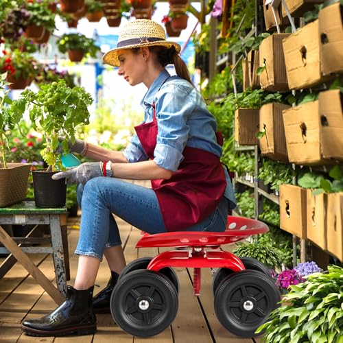 LDAILY Garden Seat with Wheels 11"-16" Adjustable Height for Lawn Planting - color: Red