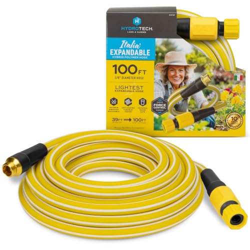 HydroTech Italia Expandable Garden Hose 5/8in x 100ft, Hybrid Polymer Water Hose, Kink-Free Flexible Hose with Force Control Technology, Lightweight Hose for Flowers, Plants & Garden Beds, Yellow - color: Yellow, size: 100 ft