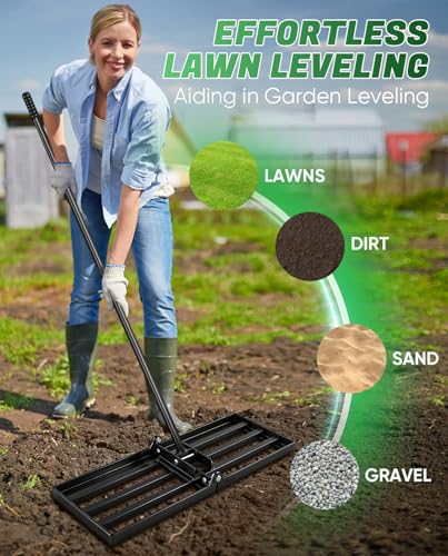 Saker Lawn Leveling Rake 25x10 Inch, 73-Inch Heavy Duty Lawn Leveler Tool with Stainless Steel Handle for Lawns, Backyard, Garden, Golf Course, Farm - Black