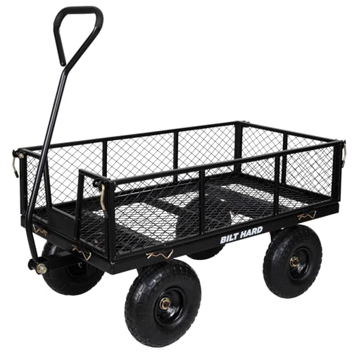 BILT HARD Heavy Duty 880 Lbs Capacity Mesh Steel Garden Cart, 4 Cu.Ft Heavy Duty Garden Cart with 180° Rotating Handle, Removable Sides, All Terrain Wheels, Capacity Utility Steel Wagons for Yard