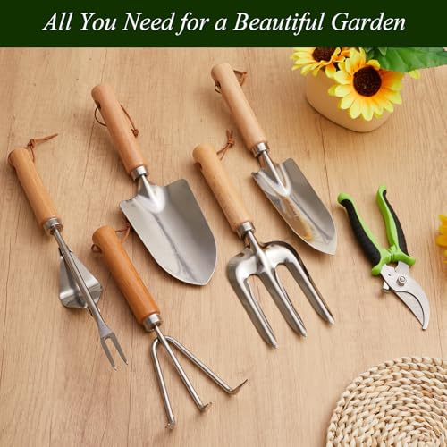 VerdantVibes Gardening Tools Set - 10 Piece Stainless Steel Garden Tools with Wood Handle, Pruners & Romantic Pink Floral Tote Bag - Cute Heavy Duty Gardening Gifts for Women Mom Wife - color: Pink