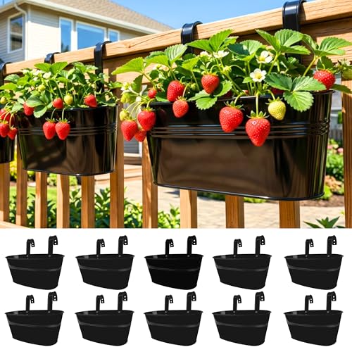 LaLaGreen Rail Planter Outdoor Plants(11.8 Inch, 10 Pack) Black Metal Iron Hanging Flower Pots Deck Railings Fence Buckets Modern Countryside Boho Style Wall Mount Window Box Plant Holder Porch Decor - size: 11.8" (30 cm) x 10 Pack