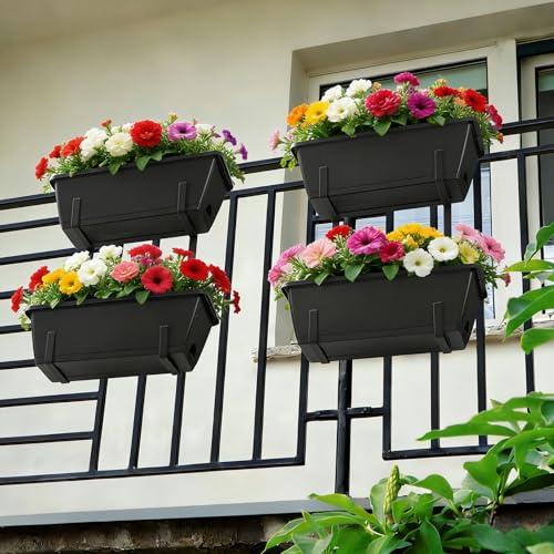 2 Tier Railing Planter Box Set of 2, 4 Pack Black Window Boxes Planters - color: Black
