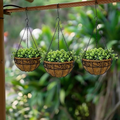 10 Inch Hanging Baskets for Plants Outdoor, 3 Pack Metal Wire Hanging Planters with Coco Coir Liners, Rust-Resistant Flower Basket with Chains & Hooks for Garden Patio Porch Deck Balcony - size: 10IN-3PCS, style: Flower Border