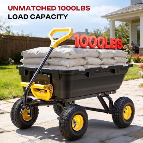 Autodaya Garden Dump Cart Wagon 1000 Lb, Heavy Duty Yard Wheelbarrow Wagon - color: 1000 Lbs|yellow