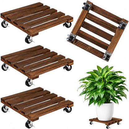 4 Pack Wooden Plant Stand With Wheels, 12" Rolling Planter Base Plant Stand, With Metal Lockable Caster Wheels, For Indoor Outdoor Plant Pots