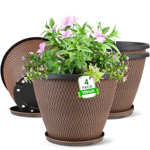 4 Pack 10 inch Plant Pot for Outdoor Indoor, Plastic Flower Pots with Trays - color: Knit Pattern-black Copper, size: 10 Inch - 4Pack