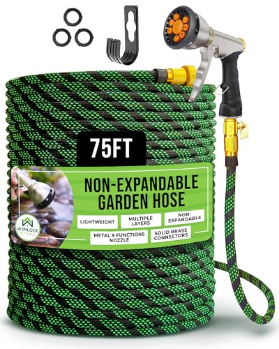 Garden Hose 75 ft, Lightweight, Sturdy Metal Nozzle 9 Spray, Heavy Duty, Leakproof Flexible Water Hose, Durable Multiple Layers, Solid Brass Connectors