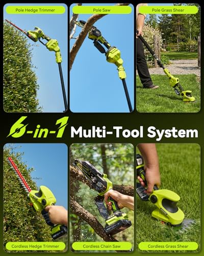 Supstable Cordless Pole Saw & Hedge Trimmer 6-in-1, Mini Chainsaw Cordless/Electric Hedge Trimmer with Extension Pole, 15Ft Reach, Extendable Tree Pruner, Bush Trimmer Limb Branch Cutter, Grass Shears - color: Pine Green