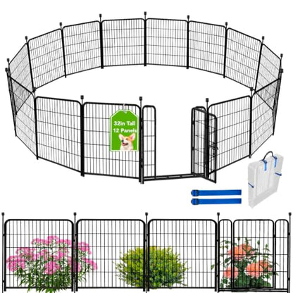 ADAVIN 32 in(H) Garden Fences and Borders,1 Gate+11 Panels Dog Fence Outdoor for Yard, Temporary Fence, Flower Garden Fencing, Heavy Duty Iron Metal Animal Barrier Fences,Total 26.6 Ft(L),Black - size: 12panels-32in(H)×26.6ft(L)