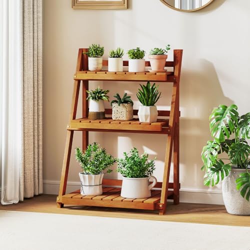 GIANTEX Foldable Ladder Plant Shelf, 3-Tier Solid Wood Indoor Outdoor Flower Pot Display Rack, Corner Storage Bookshelf, Freestanding Tiered Plant Stand for Garden Patio Balcony, No Assembly - color: Cedar Brown, size: 24"x15"x34"