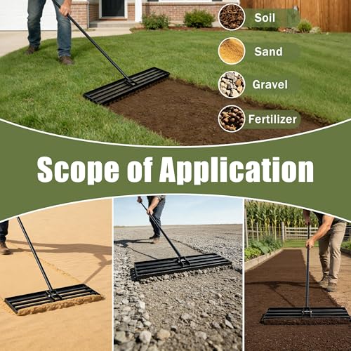 Lawn Leveling Rake, 30" x 10" Stainless Steel Head, Ergonomic Bent Handle, Level Soil & Sand, 6ft Long Handle for Yard, Garden, Sports Field - size: 30"x10"