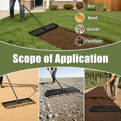 Lawn Leveling Rake, 30" x 10" Stainless Steel Head, Ergonomic Bent Handle, Level Soil & Sand, 6ft Long Handle for Yard, Garden, Sports Field - size: 30"x10"