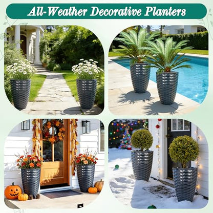 19" Wavy Ceramic-Look Outdoor Planters for Plants Set of 2 Tall Pots - color: 19"h-navy Blue Wavy
